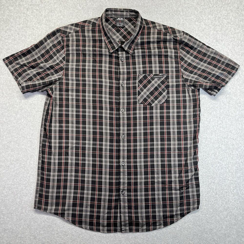 Oakley Plaid Button-Up Shirt Men’s XL Black Gray Red Short Sleeve